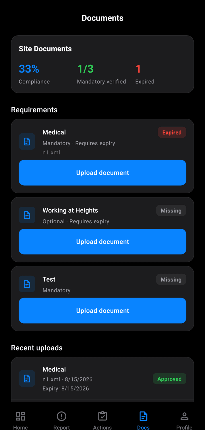 Bildschirm "Standortdokumente" der SheqPro Mobile App mit Compliance-Prozentsatz, Anforderungen an Pflichtdokumente und Freigabestatus